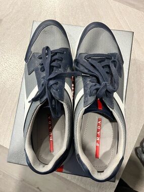 Prada Men’s Navy and Gray Low-Top Sneakers with White Accents